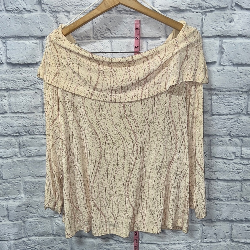 Ronni Nicole by Ouida off shoulder top | sheer with pink rhinestones 3/4 sleeves